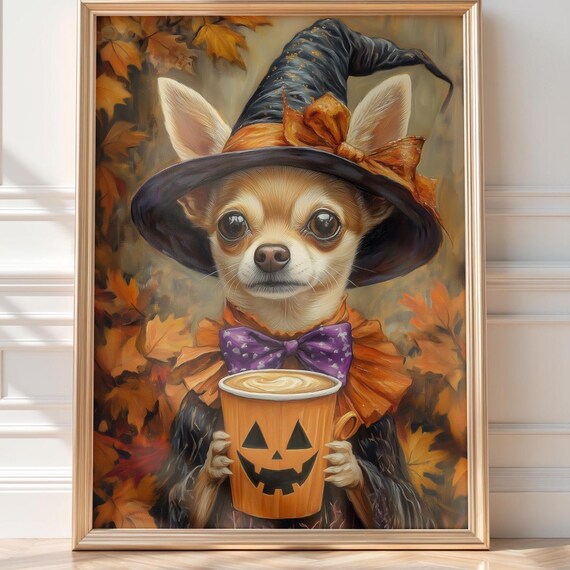 Chihuahua Witch Halloween Art Pumpkin Latte Fall Dog Wall Decor Cute Pet Costume Print Spooky