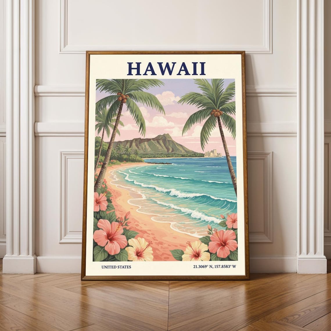 Hawaii Diamond Head Vintage Palm Beach Hibiscus Sunset Travel Poster