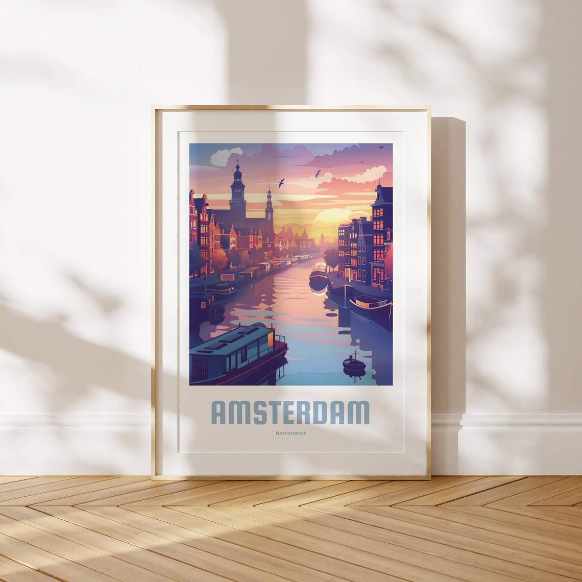 Amsterdam Netherlands Poster of Canals and Houseboats at Pink Sunset - Image 2