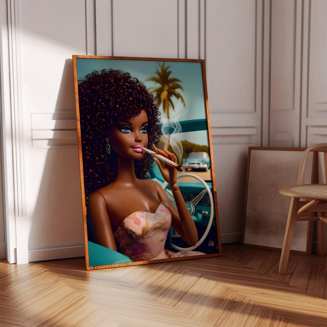 Glam Retro Fashion Doll Smoking in Classic Teal Convertible Poster