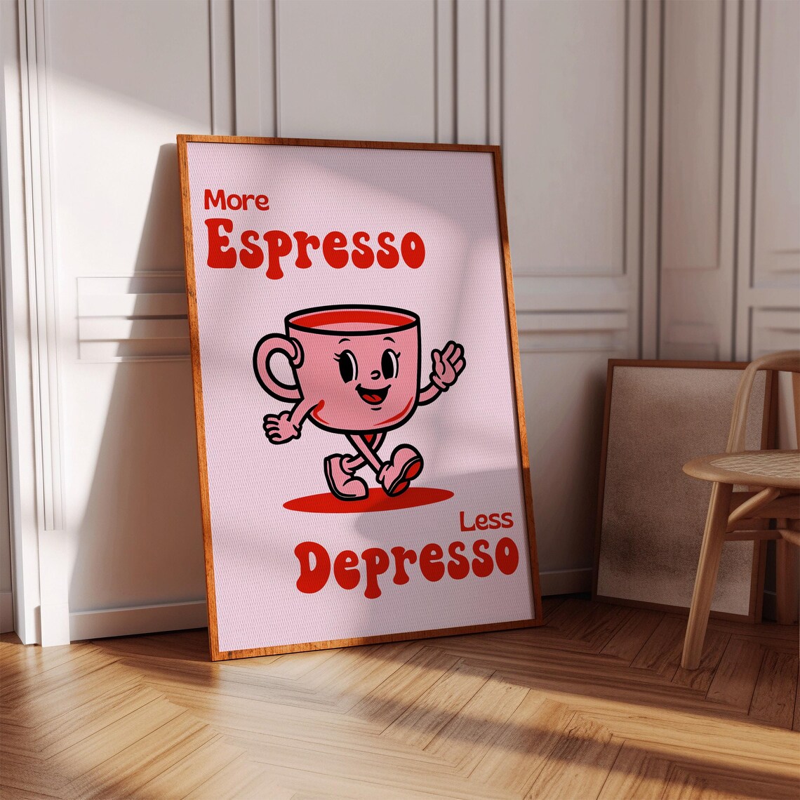 More Espresso Less Depresso Funny Coffee Quote Poster Pink Retro Art
