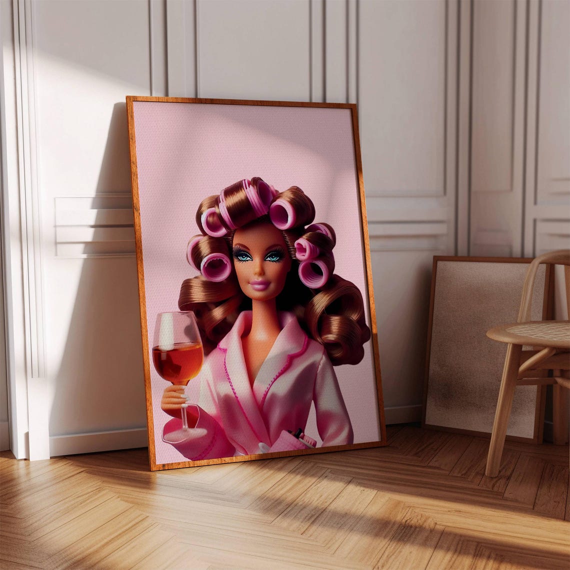 Glamorous Fashion Doll with Pink Curlers Wine Night Art Print