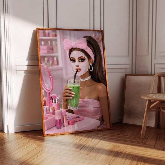 Pink Vanity Spa Day Doll Matcha Latte Cozy Self Care Art Poster