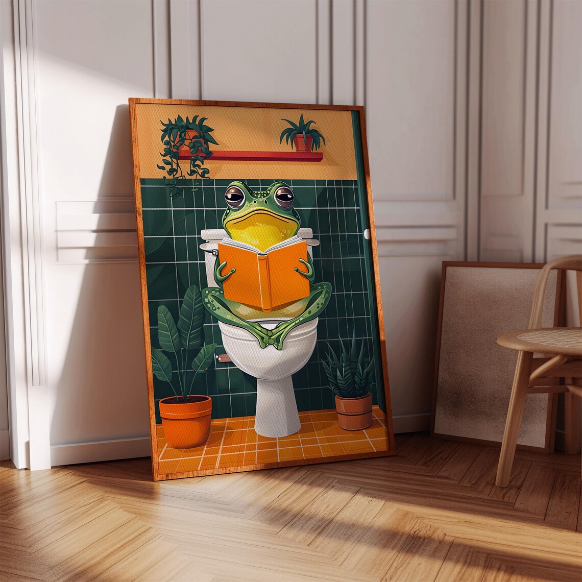Frog Reading In The Toilet, Funny Restroom Art