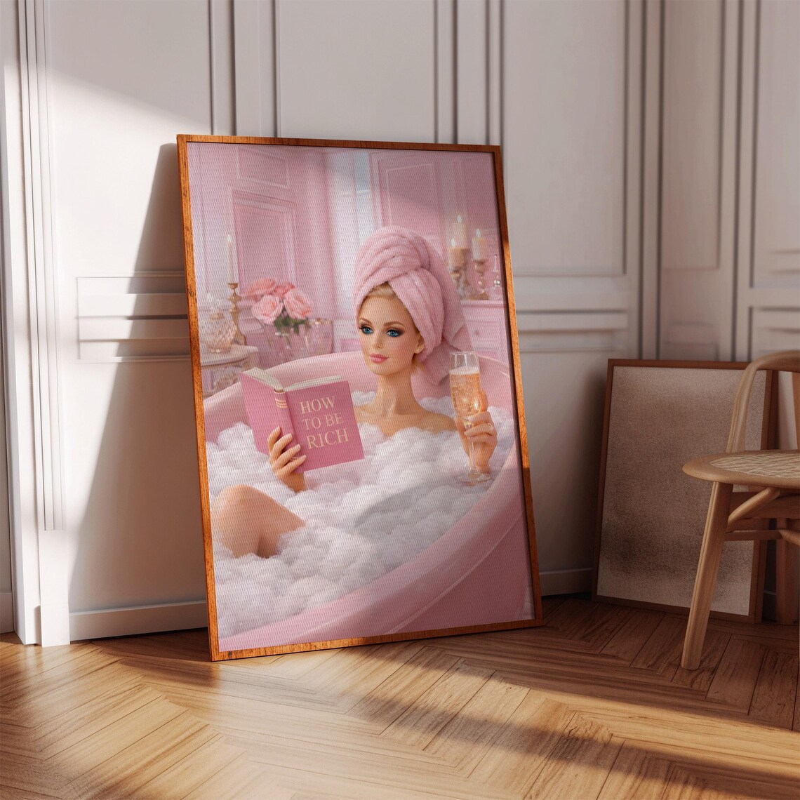 How To Be Rich Pink Fashion Doll Bubble Bath Champagne Wall Art
