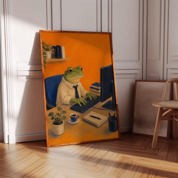 Frog Working On Computer Wall Art Funny Office Decor Quirky Poster