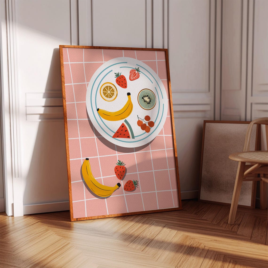 Pop Retro Fruit Plate Playful Kitchen Decor Pink Gingham Poster