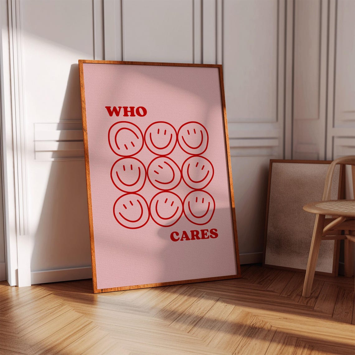 Who Cares Smiley Faces Pink Retro Quote Funny Motivational Poster
