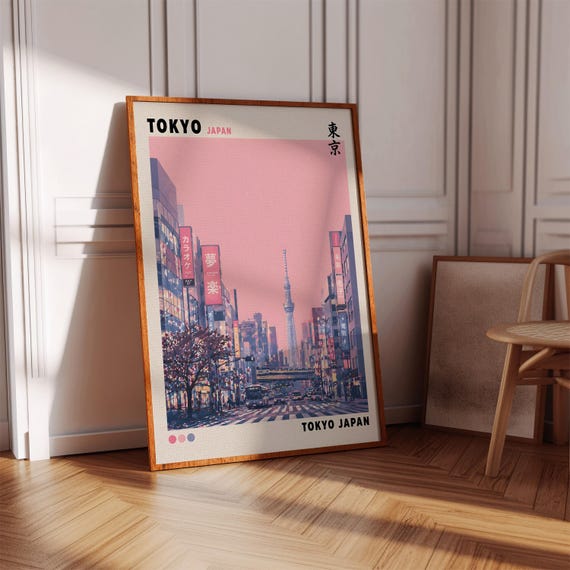 Japanese Poster City Landscape Tokyo Print Pink Wall Art