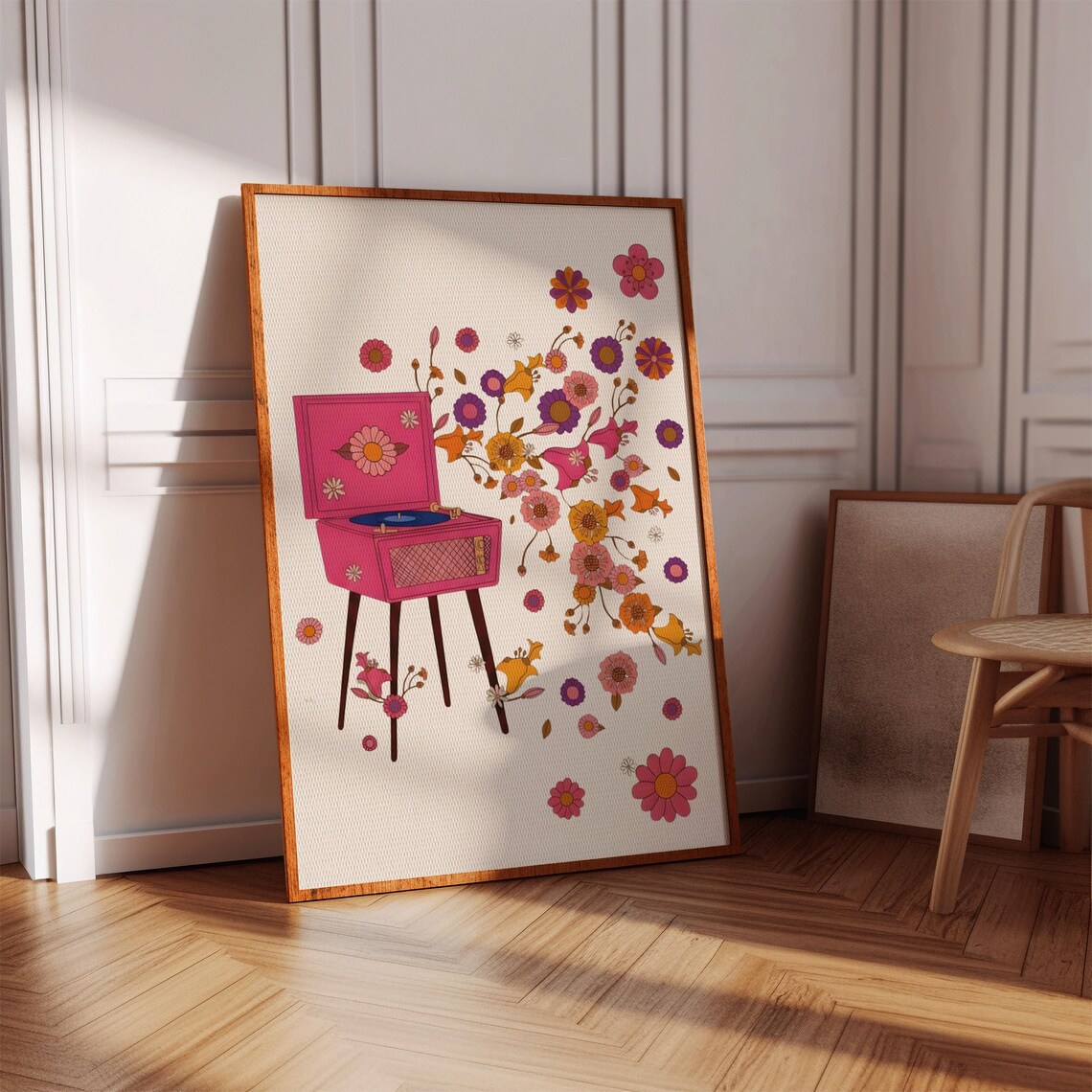 Retro Pink Record Player, Groovy 70s Floral Poster