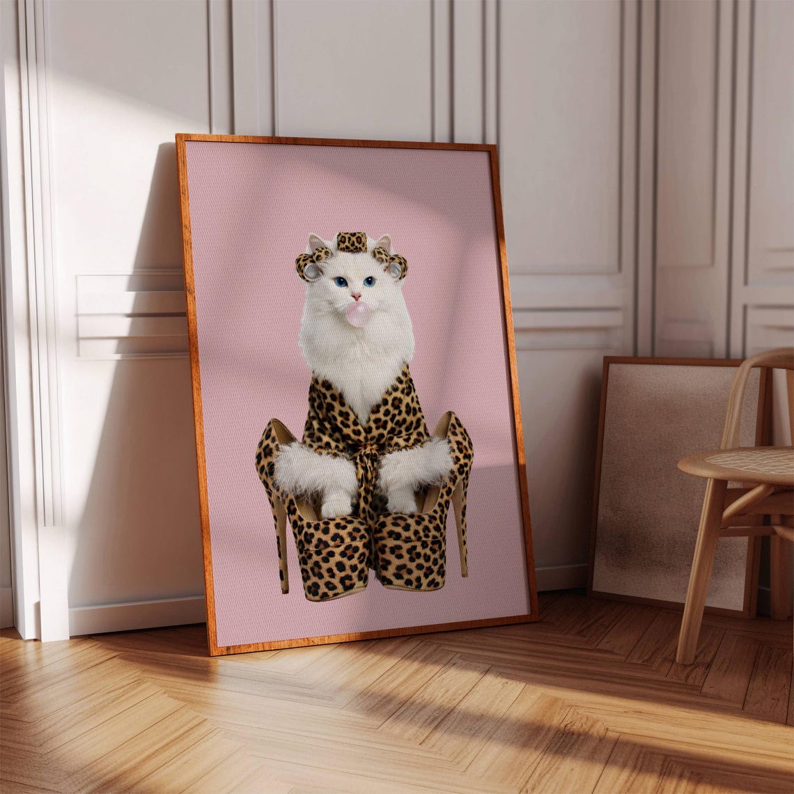 Diva Cat Poster Funny Leopard Robe Kitten Pink Bubblegum Decor Trendy Eclectic Wall Art