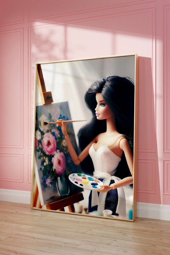 Fashion Doll Artist Painting Flowers Easel Creative Studio Art Poster