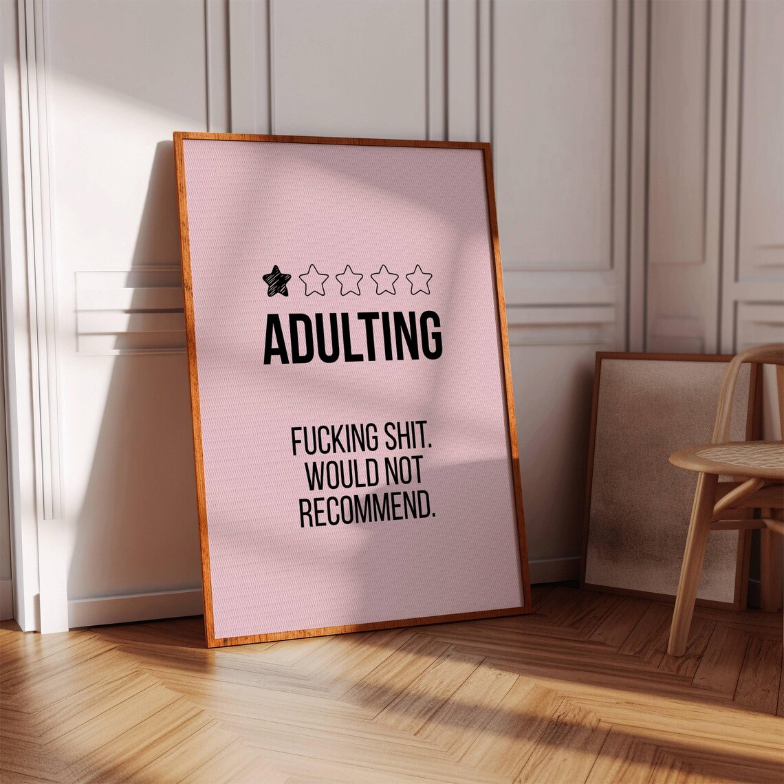 Adulting One Star Review Funny Quote Pink Humor Wall Decor Poster