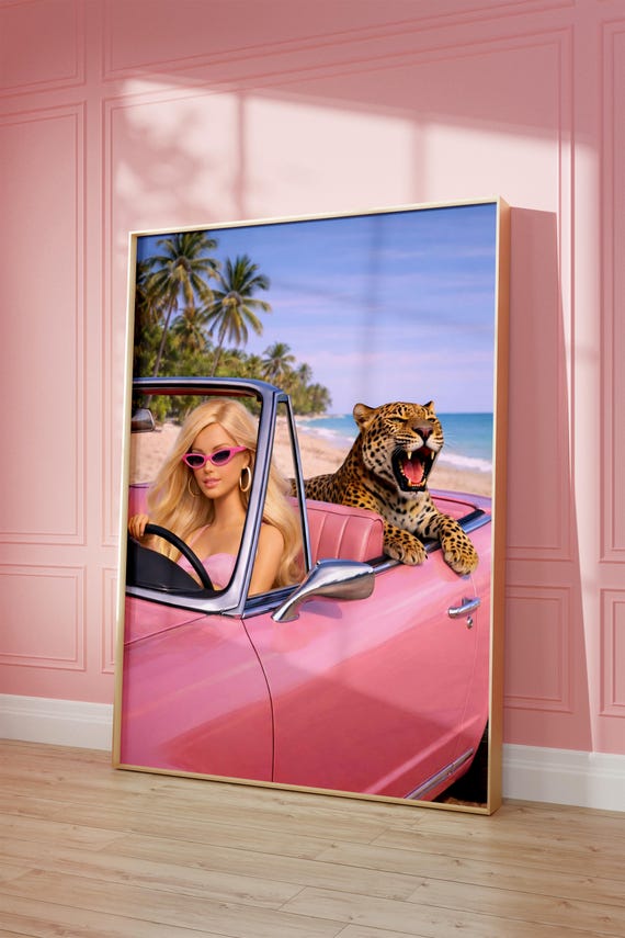 Pink Beach Wall Art Leopard Fashion Poster Summer Girl Print Coastal Room Decor