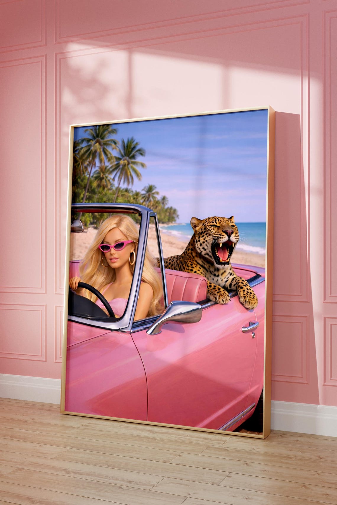Pink Convertible Blonde Doll Leopard Beach Retro Girly Car Poster