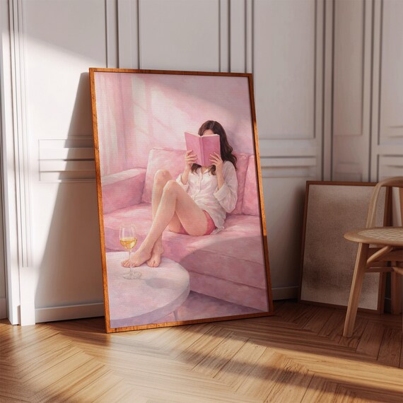 Cozy Girl Reading Book Poster With Pink Couch And Wine Glass Scene