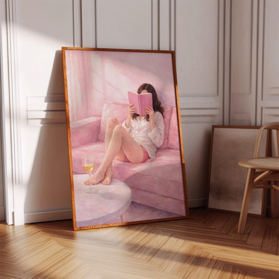 Pink Room Wall Art Woman Reading Print Soft Girl Cozy Decor