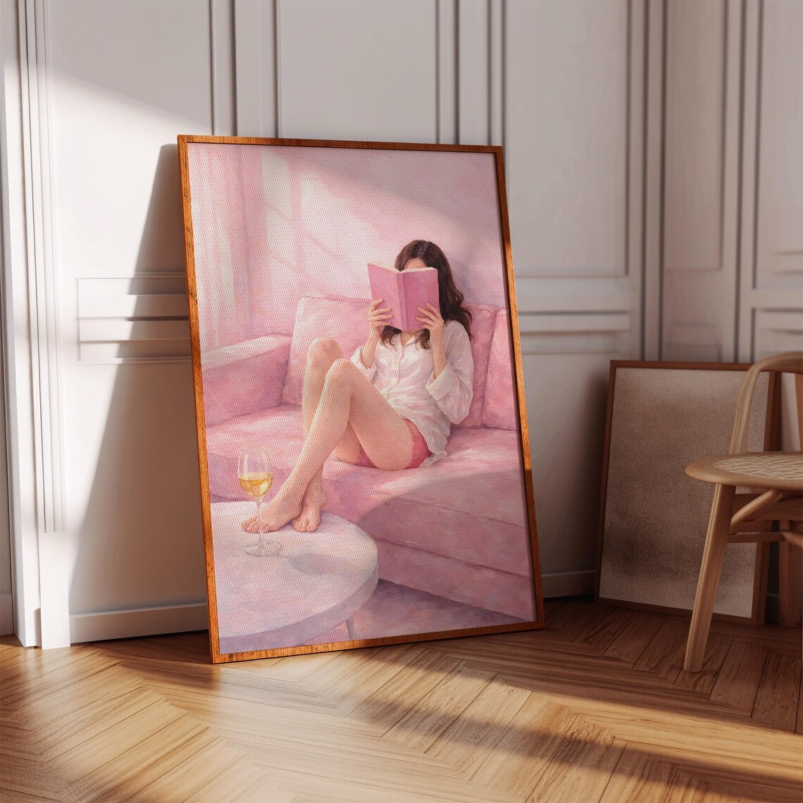 Cozy Girl Reading Book Poster With Pink Couch And Wine Glass Scene