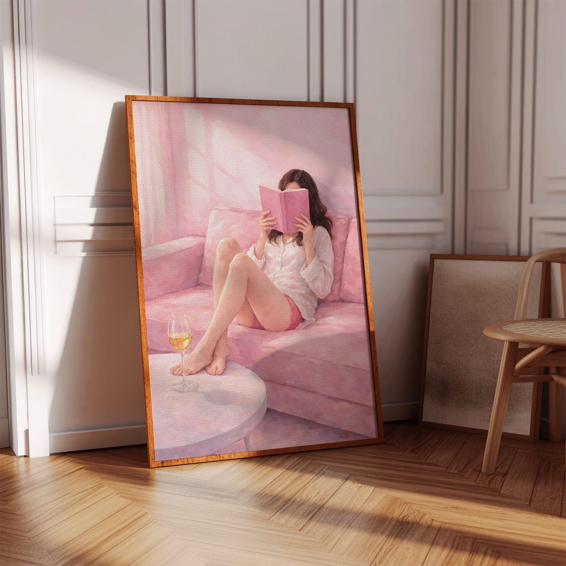 Pink Room Wall Art Woman Reading Print Soft Girl Cozy Decor