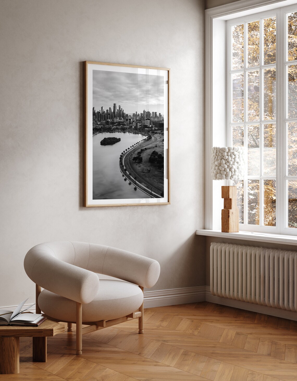 Melbourne Albert Park Lake City Skyline Black And White Photography Poster - Image 3