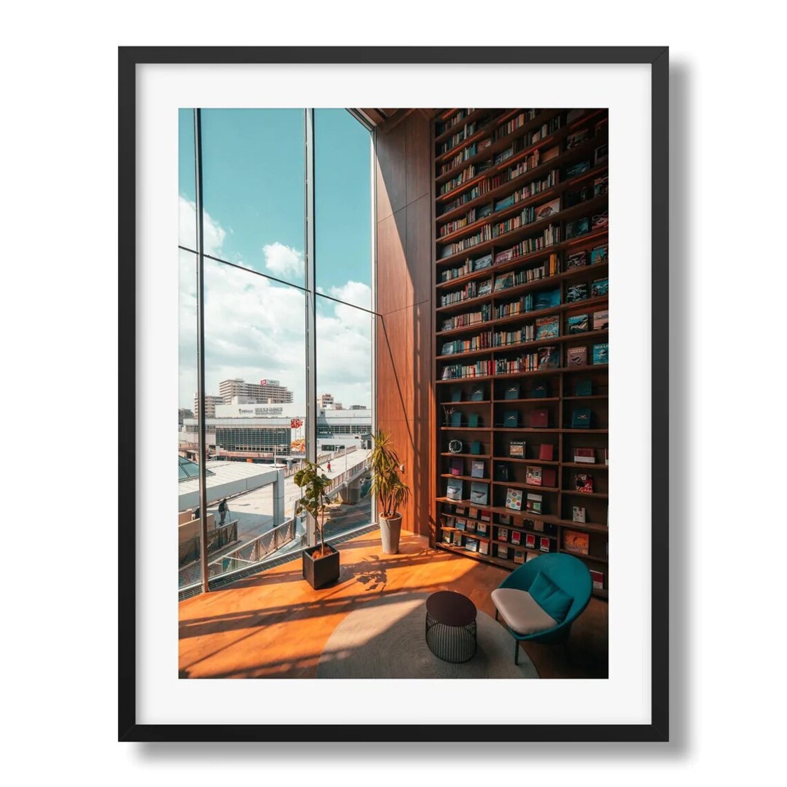 Sunlit Japanese Bookstore Interior Floor To Ceiling Window Library Poster - Image 3