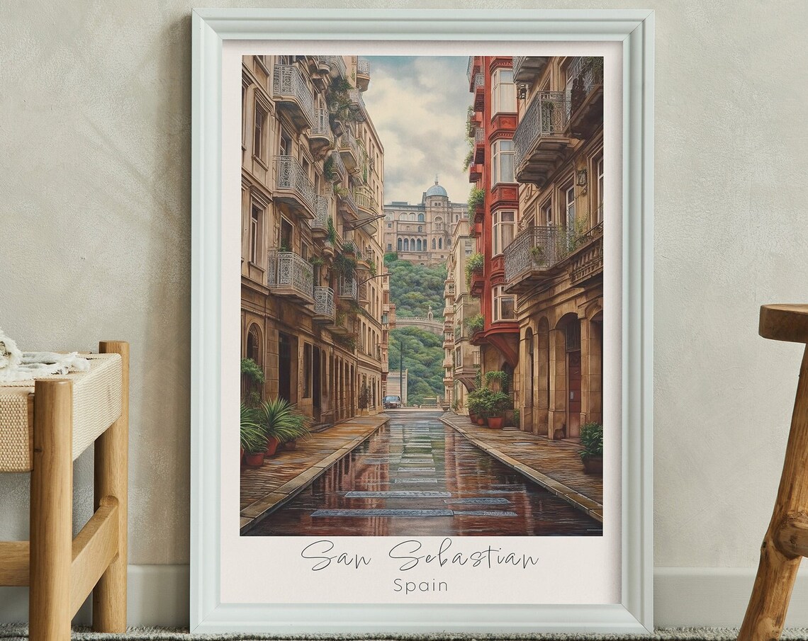 San Sebastian Spain Rainy Old Town Street Vintage Travel Poster