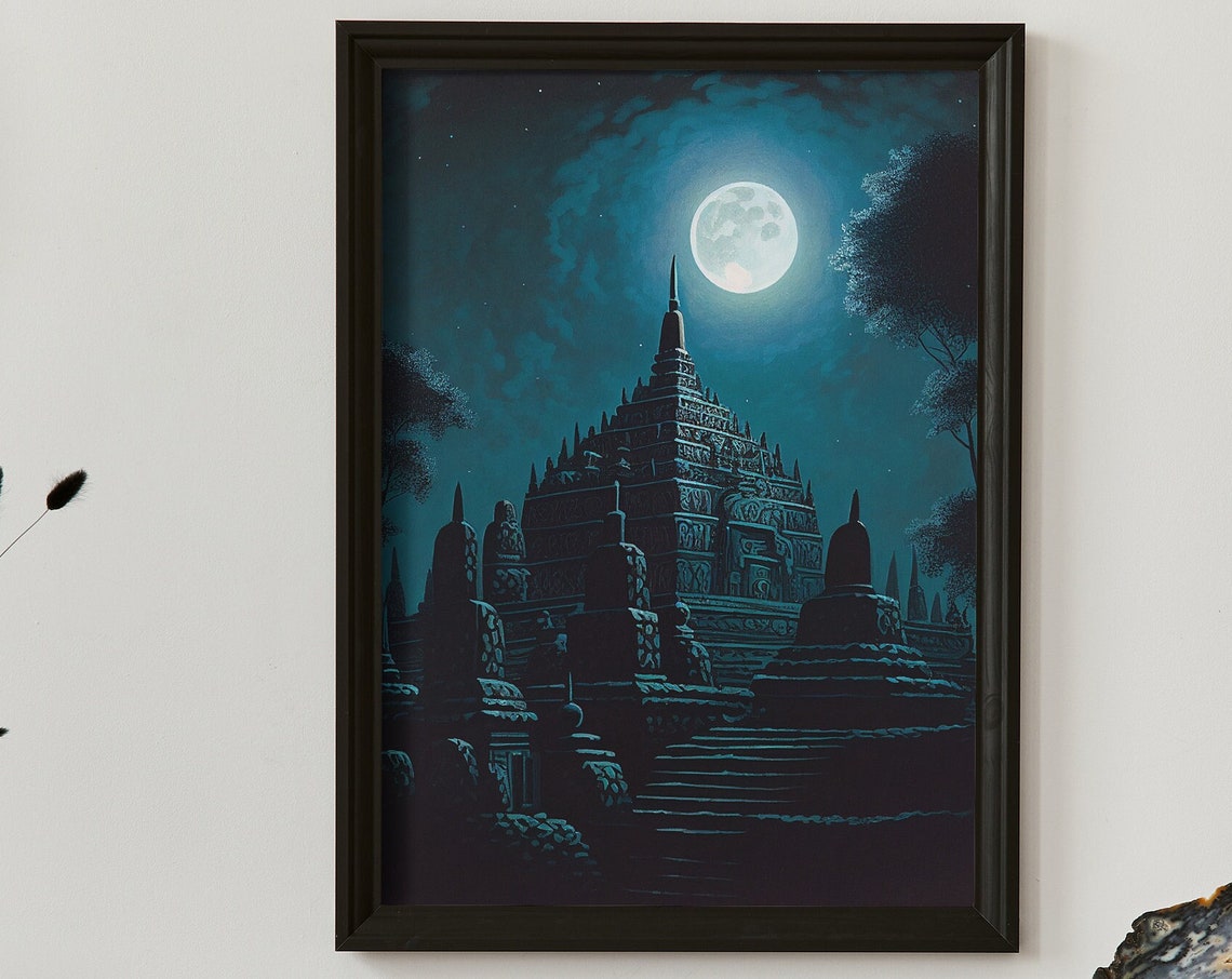 Borobudur Temple Under Full Moon Teal Night Sky Indonesia Poster