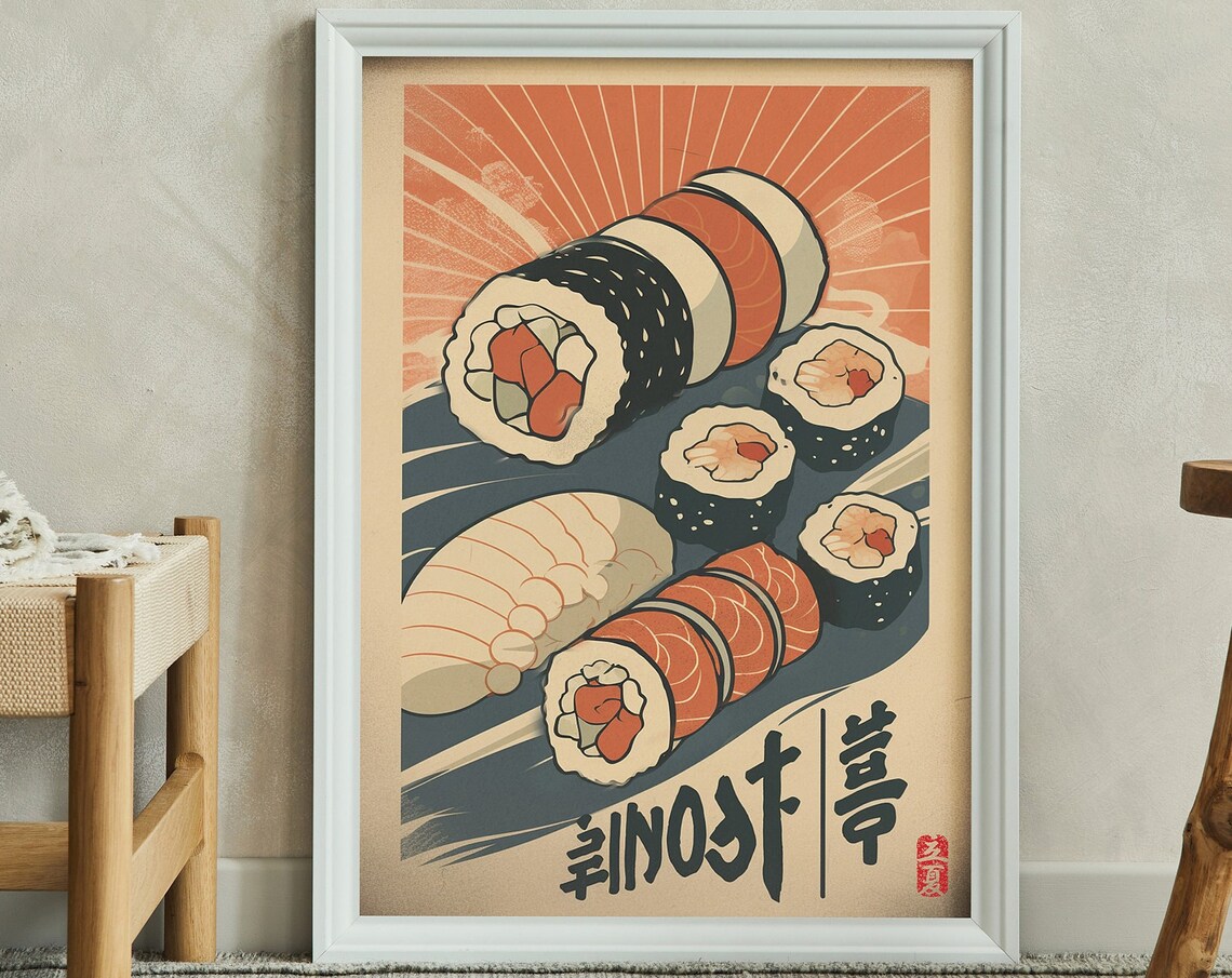 Vintage Japanese Sushi Rolls And Nigiri Retro Kitchen Poster