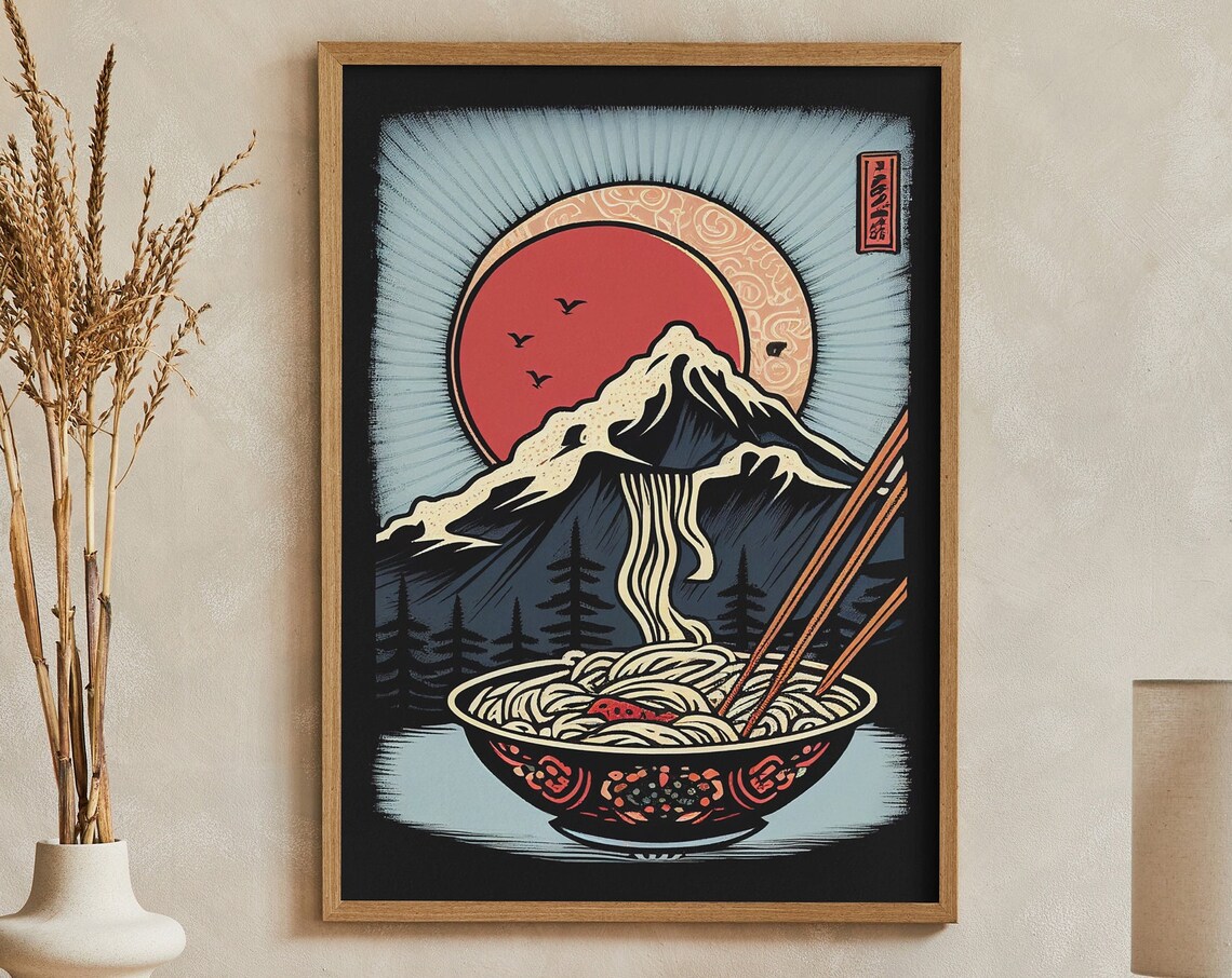 Japanese Ramen Bowl Mount Fuji Red Sun Vintage Graphic Art Poster
