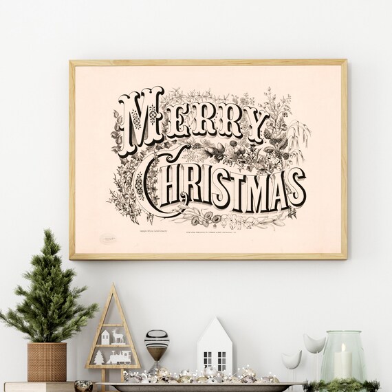 Vintage Merry Christmas Print Ornate Botanical Illustration