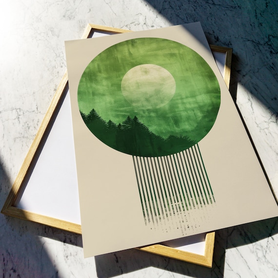 Boho Moon Mountain Art Print, Green Forest Silhouette