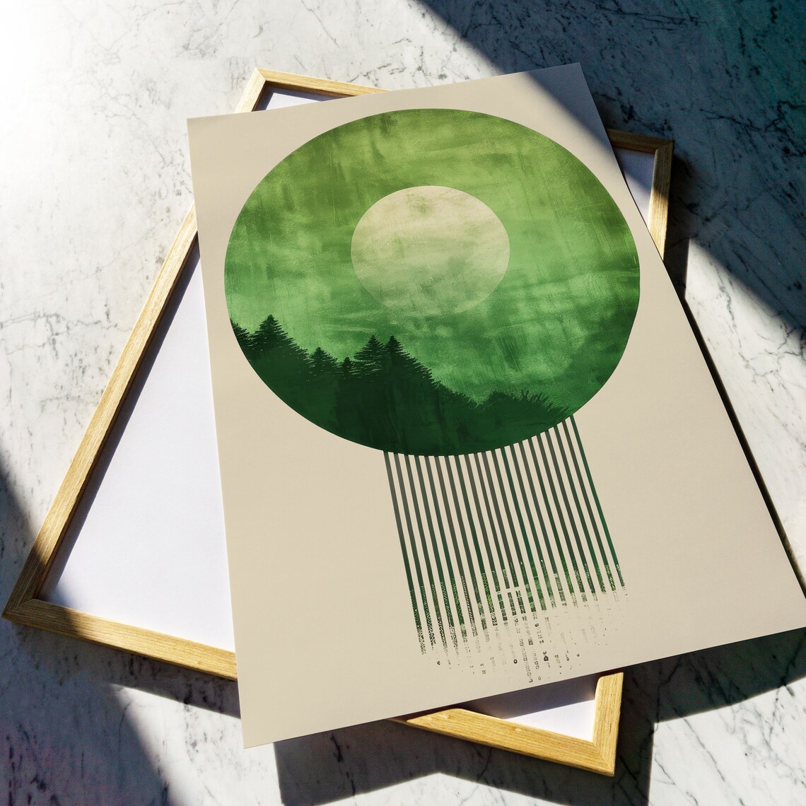 Boho Moon Mountain Art Print, Green Forest Silhouette