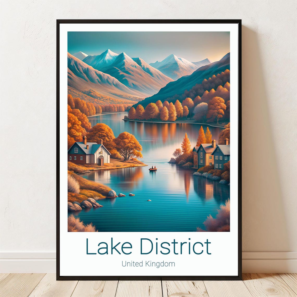 Lake District UK Autumn Lake Cabins Snowy Mountains Travel Poster