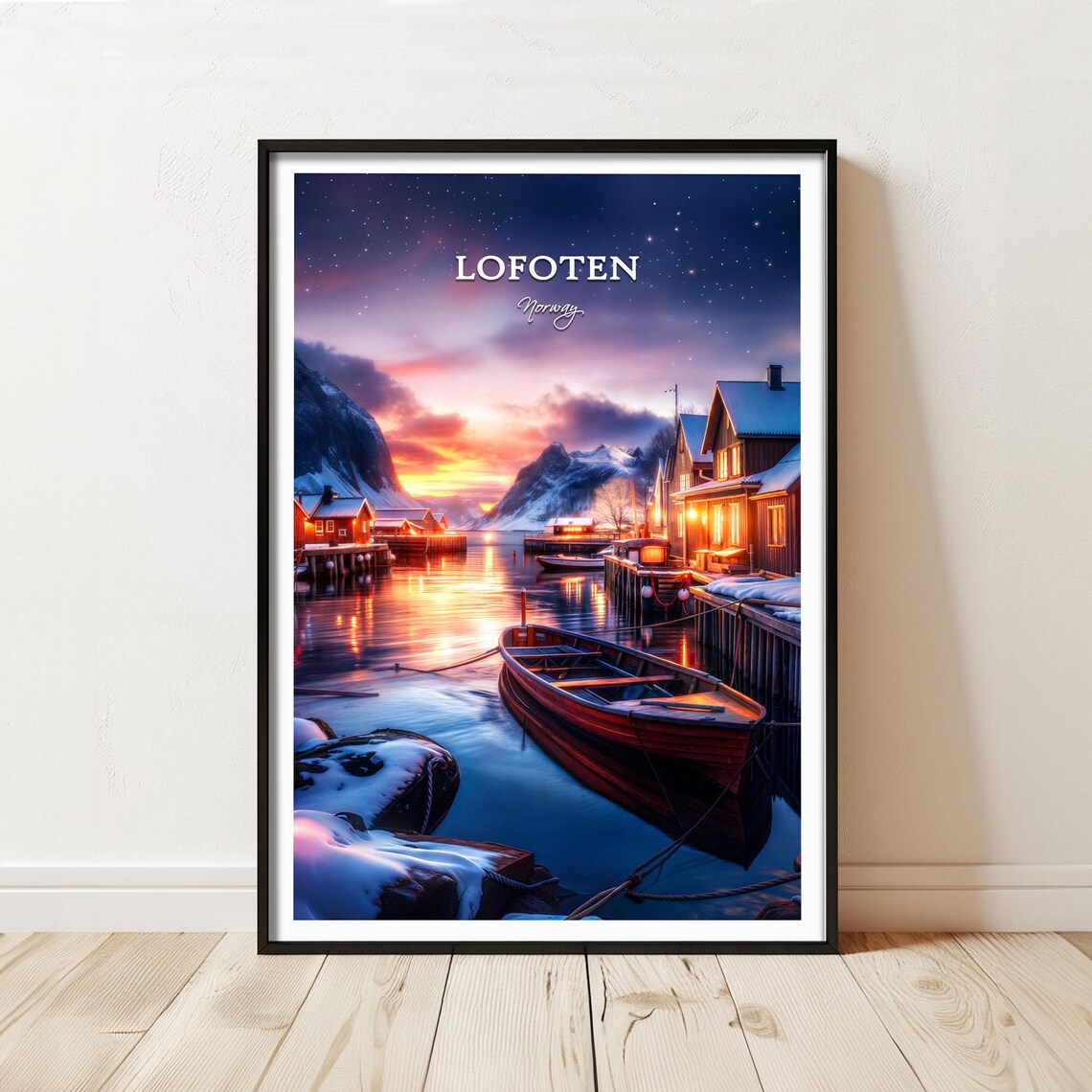 Lofoten Norway Snowy Fishing Village Sunset Over the Fjords Poster