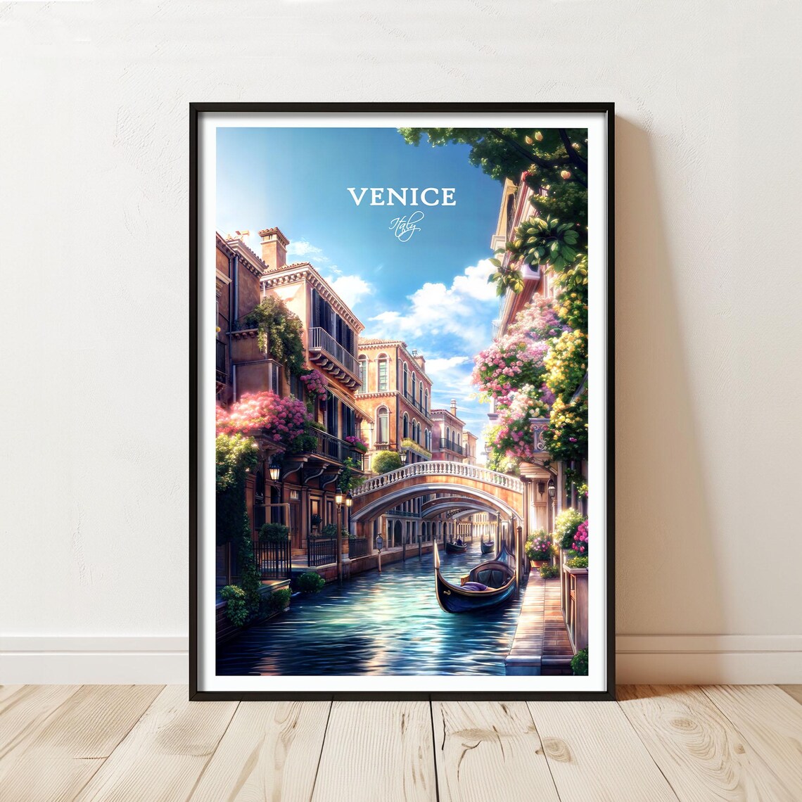 Venice Italy Travel Poster of Flower Lined Canal Gondola Scene