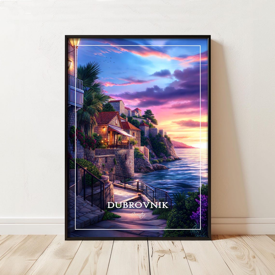 Dubrovnik Croatia Sunset Seaside Old Town Travel Poster Adriatic Art