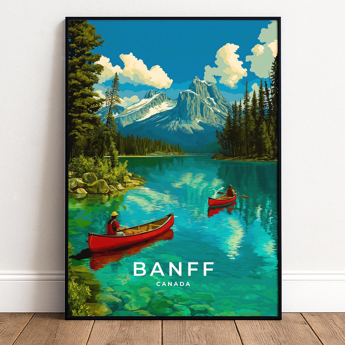 Banff Canada Turquoise Lake Red Canoes Rocky Mountain Travel Poster