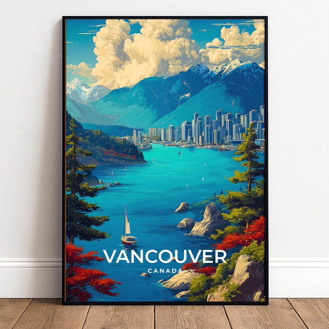 Vancouver Canada Harbor Mountains Sailboat Retro Travel Poster