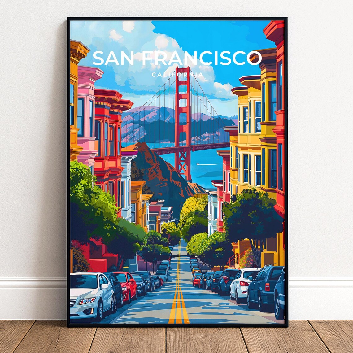 San Francisco California Travel Poster Golden Gate Bridge Street View