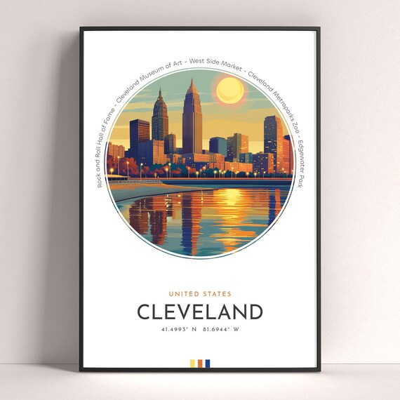 Cleveland Ohio Downtown Skyline Sunset Lakefront Travel Poster