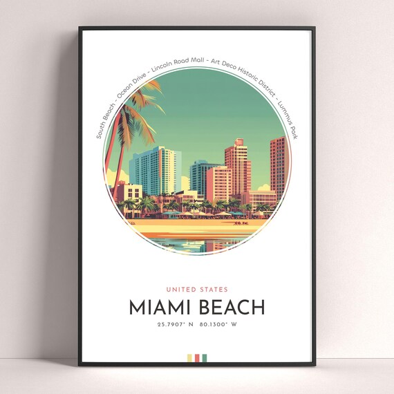 Miami Beach Florida Tropical South Beach Skyline Travel Poster
