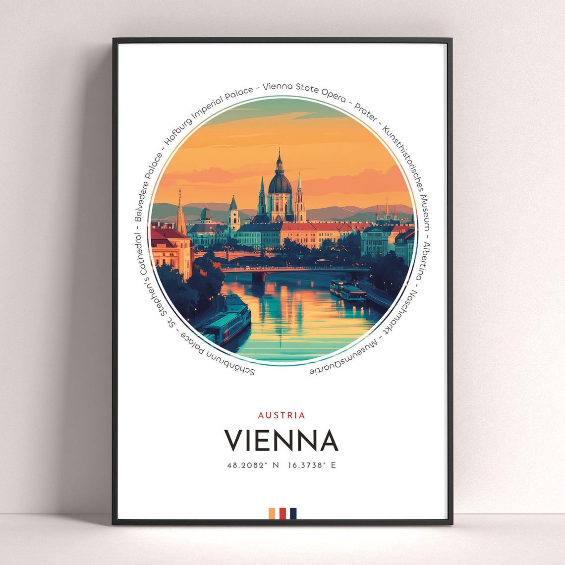 Vienna Austria Sunset Riverfront Skyline Vintage Travel Poster