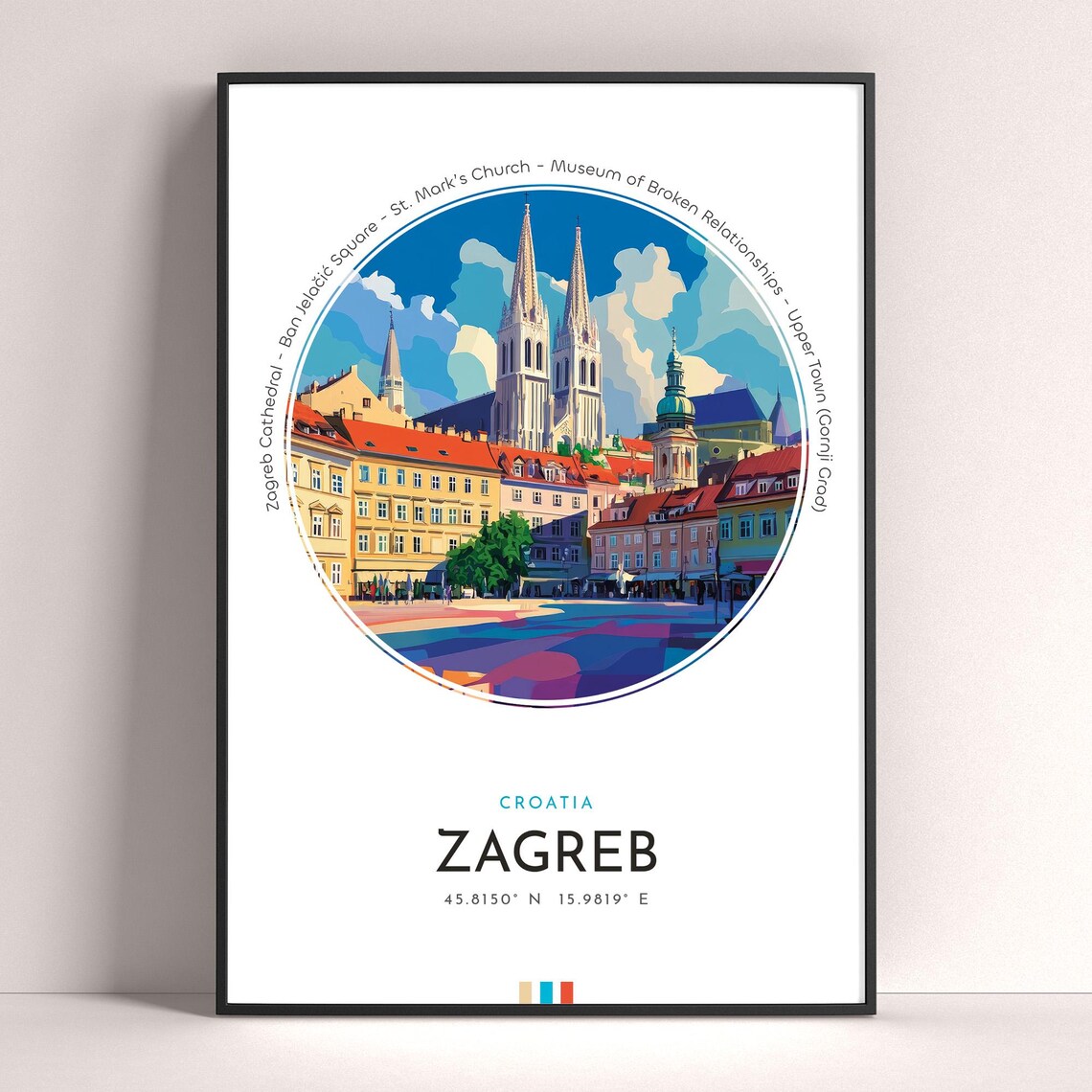Zagreb Croatia Cathedral Square Twin Spires Vintage Travel Poster