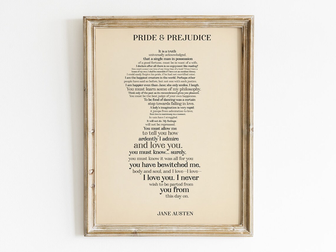 Jane Austen Pride and Prejudice Quotes Heart Typography Print