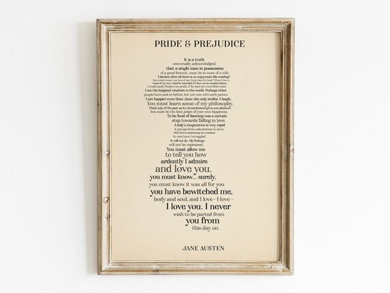 Jane Austen Pride and Prejudice Quotes Heart Typography Print