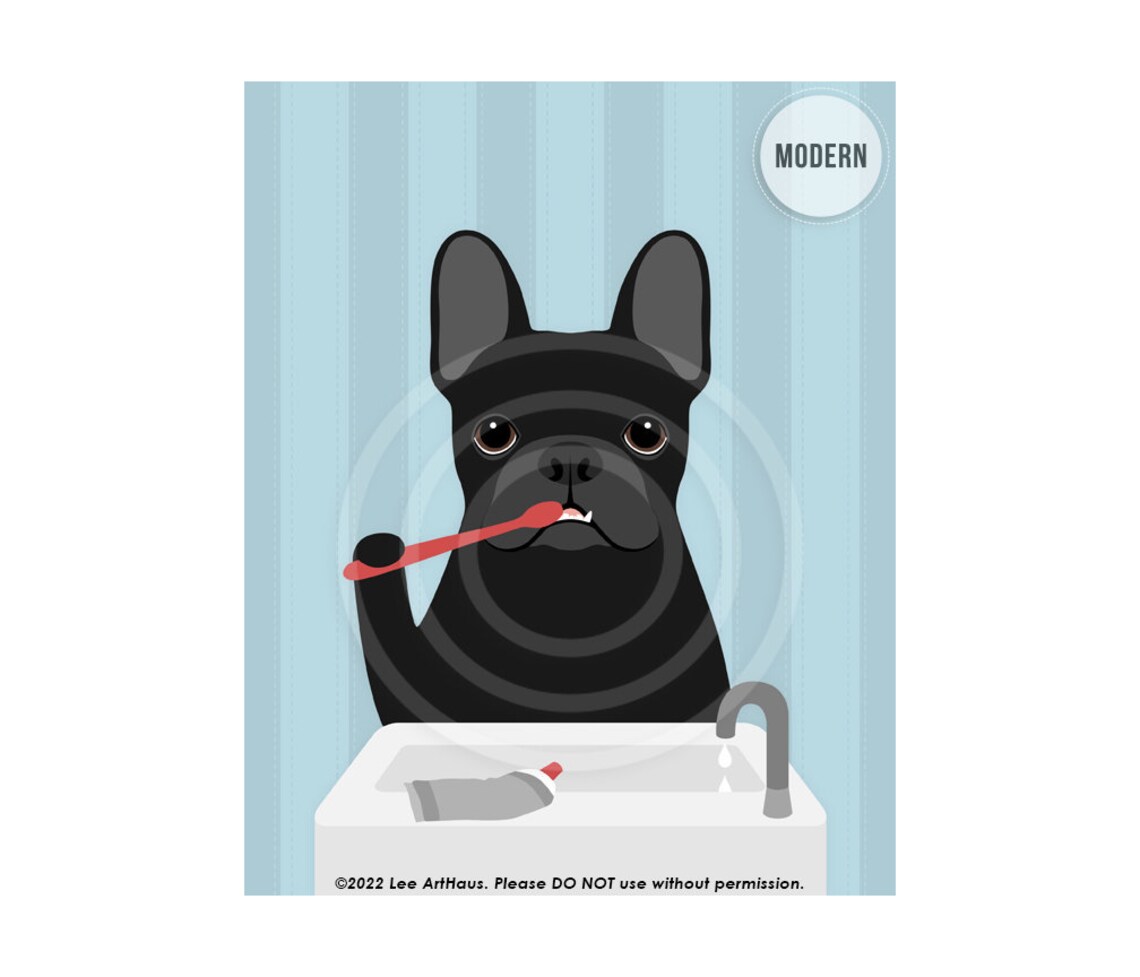 Black French Bulldog Brushing Teeth At Sink Funny Dog Art Poster
