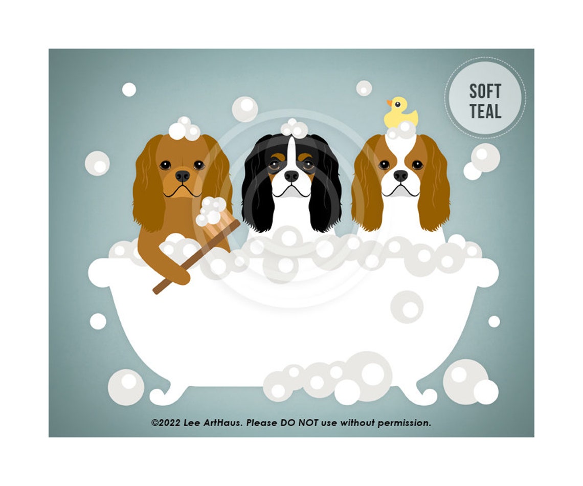 Three Cavalier King Charles Spaniels Bubble Bath Duckies Poster - Image 4
