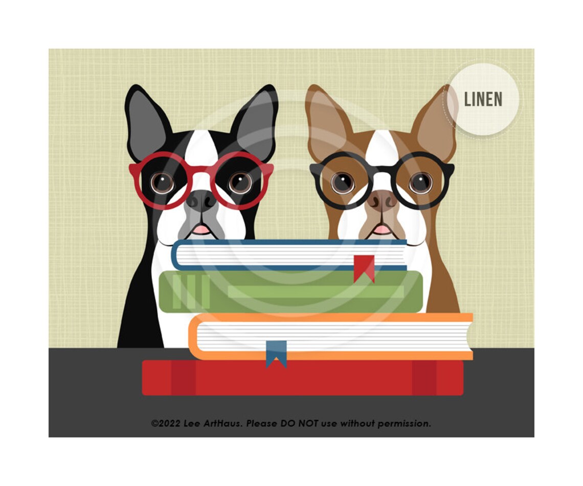 Two Boston Terriers With Glasses And Books Cute Dog Reading Poster