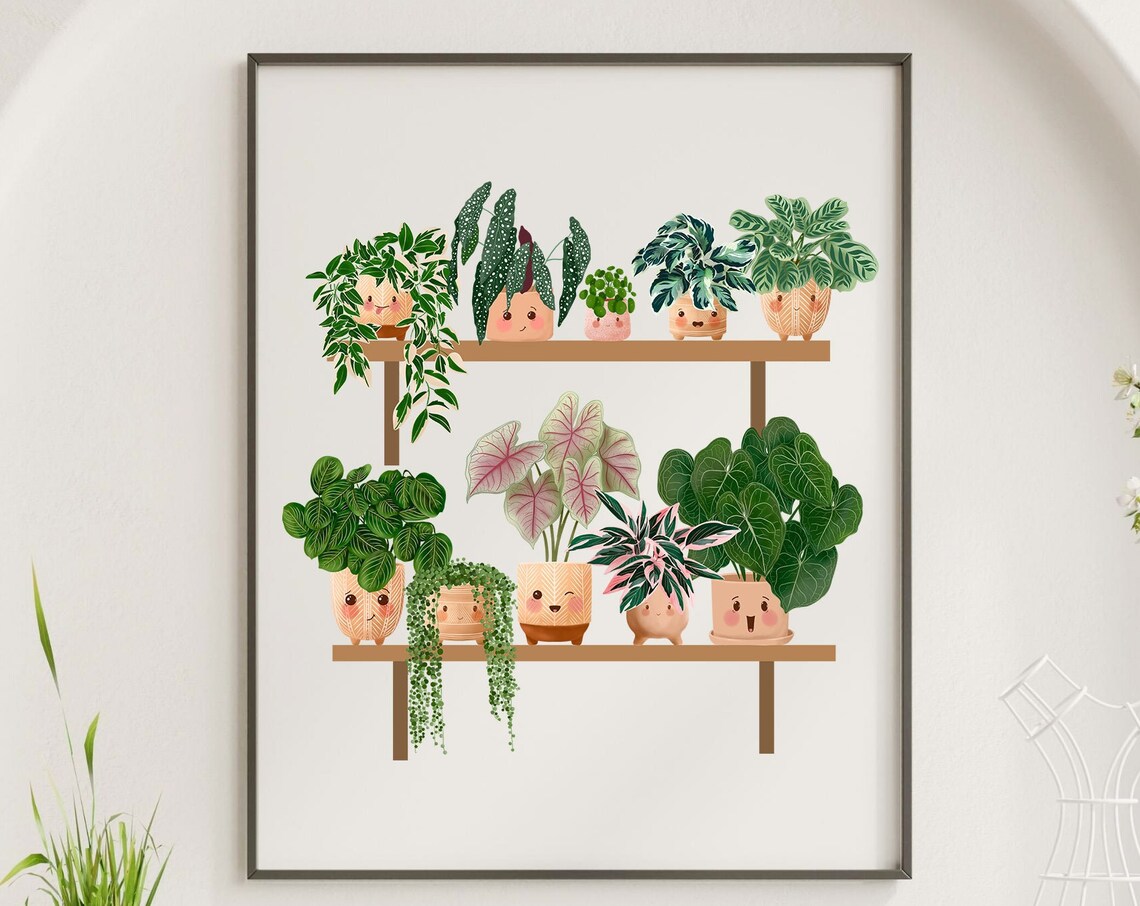 Ten Happy Face Plants On Wooden Bench Botanical Illustration Poster