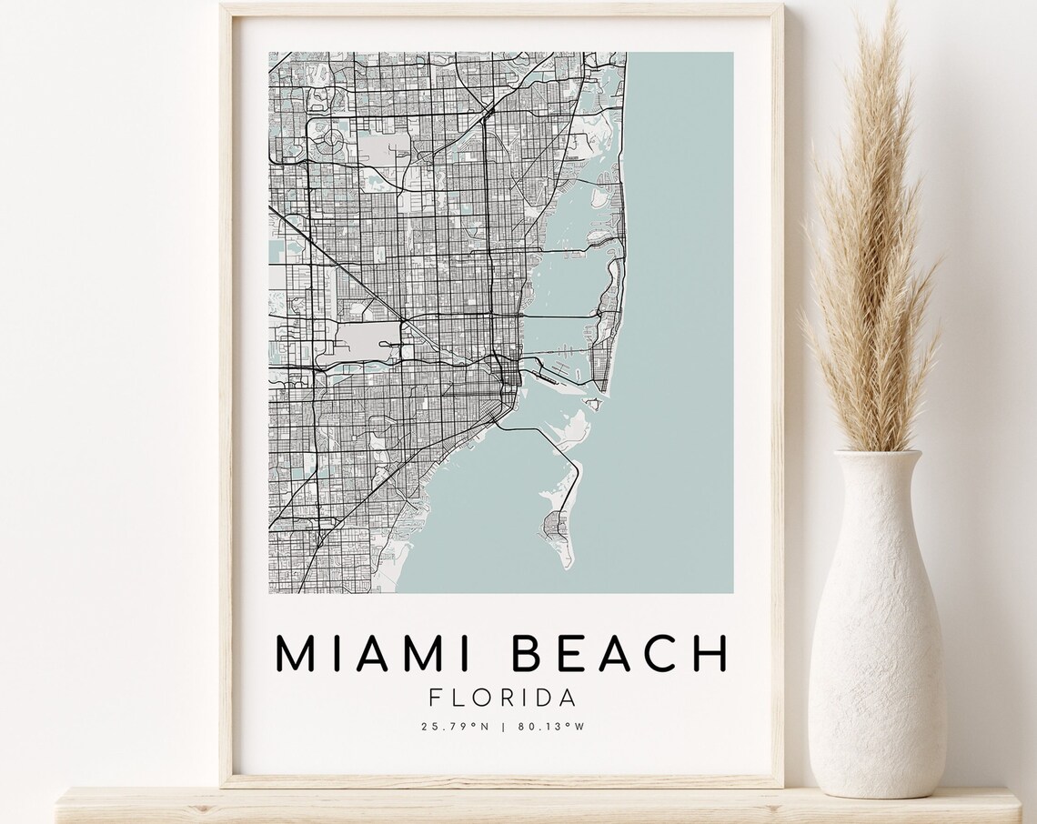 Miami Beach Florida City Map Travel Poster